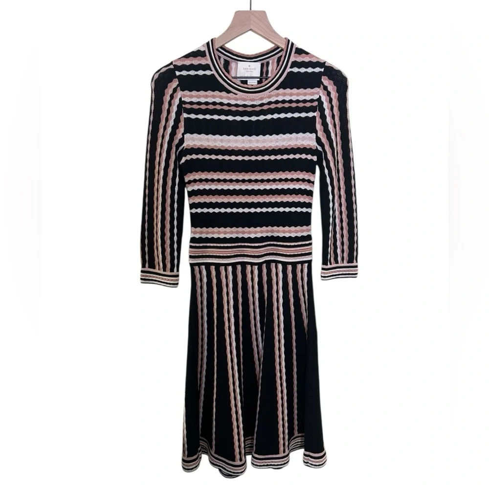 Kate Spade Scallop Stripe Knit Sweater‎ Dress Blush Black Cream Fit & Flare Sz S